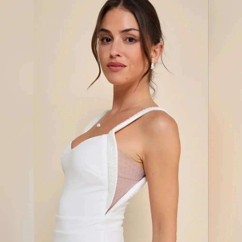 Lulu's Love Aglow White Pearl Beaded Sleeveless Straight Leg Jumpsuit S Wedding - Picture 4 of 12